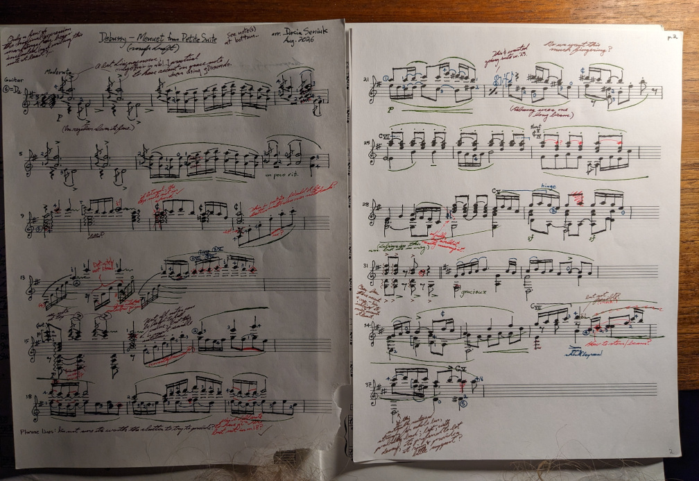 first 37 bars of rough draft CG score for the Debussy Menuet transcription