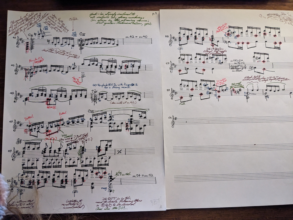 pages 3 and 4 (partial) of rough draft CG score for the Debussy Menuet transcription