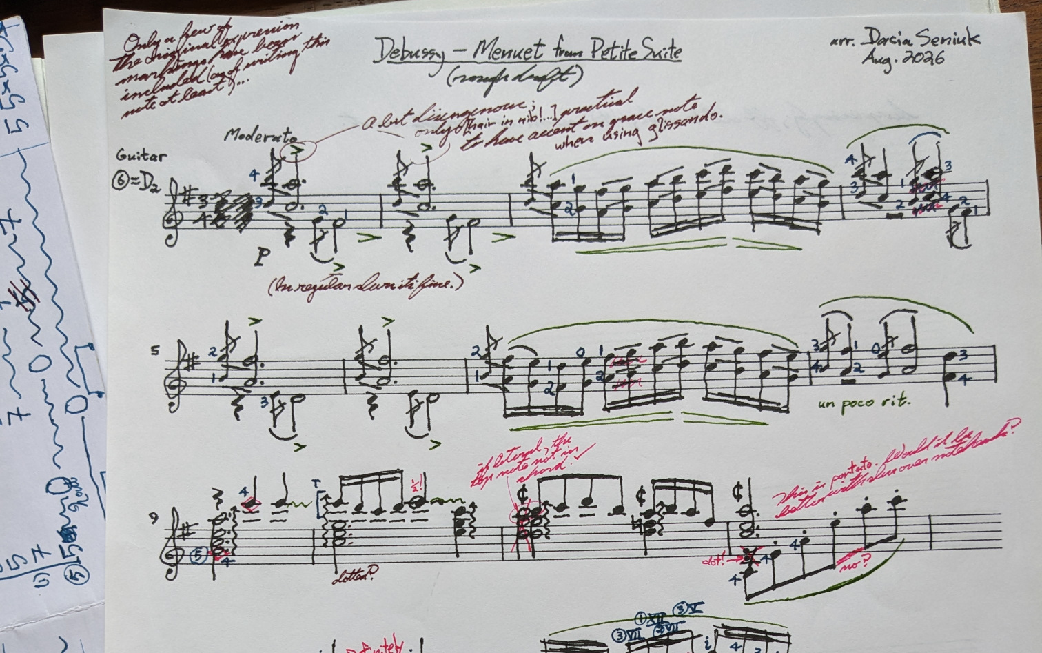 first 19 bars of rough draft CG score for the Debussy Menuet transcription